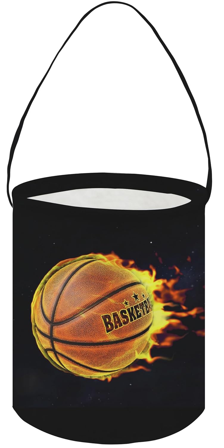 HKEC Small Canvas Bucket,Easter Buckets,Gift Baskets with Handle,Cute Pattern Candy Basket Empty,Bucket Decoration(Basketball) - Image 1